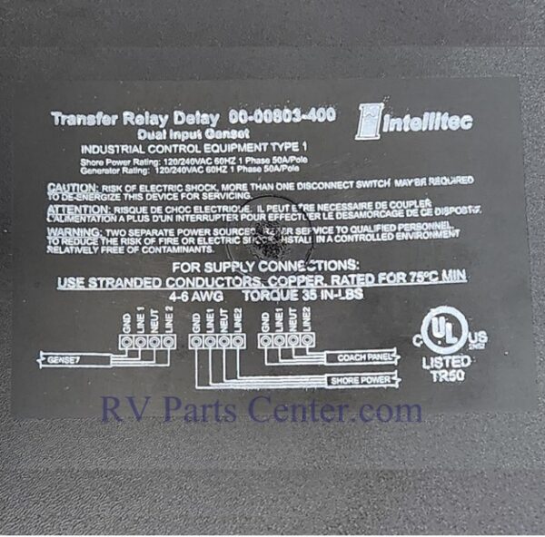 Transfer Relay 50 Amp 240V - Dual Input, Intellitec 00-00803-400